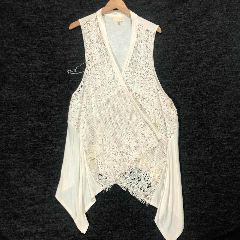 Dept222 Lace Overlay Vest Sleeveless Draped Open Front Cream‎ 1X